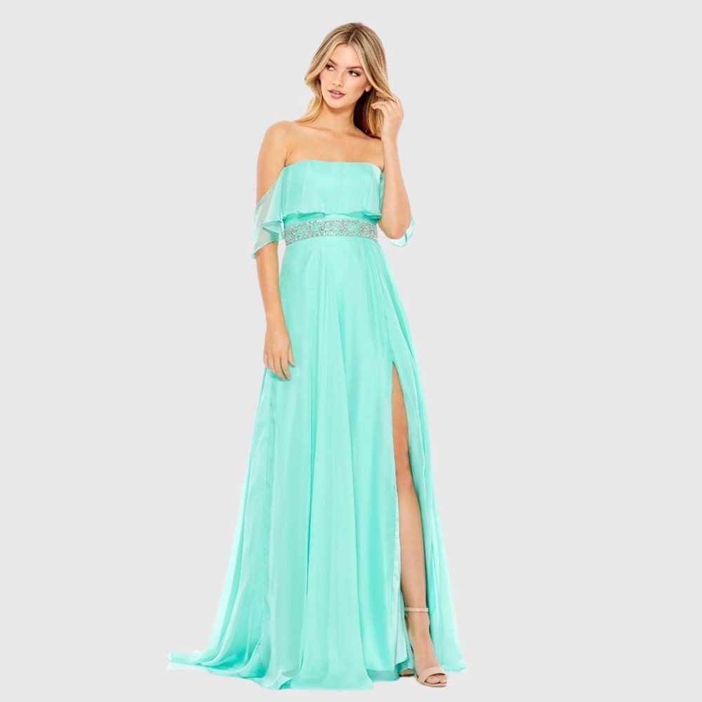NWT $398 MAC DUGGAL Blue Flowy Off-the-Shoulder Gown DRESS EMBELLISHED 67817